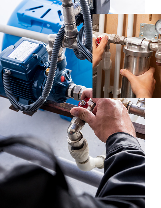 Worker adjusting gas piping. 